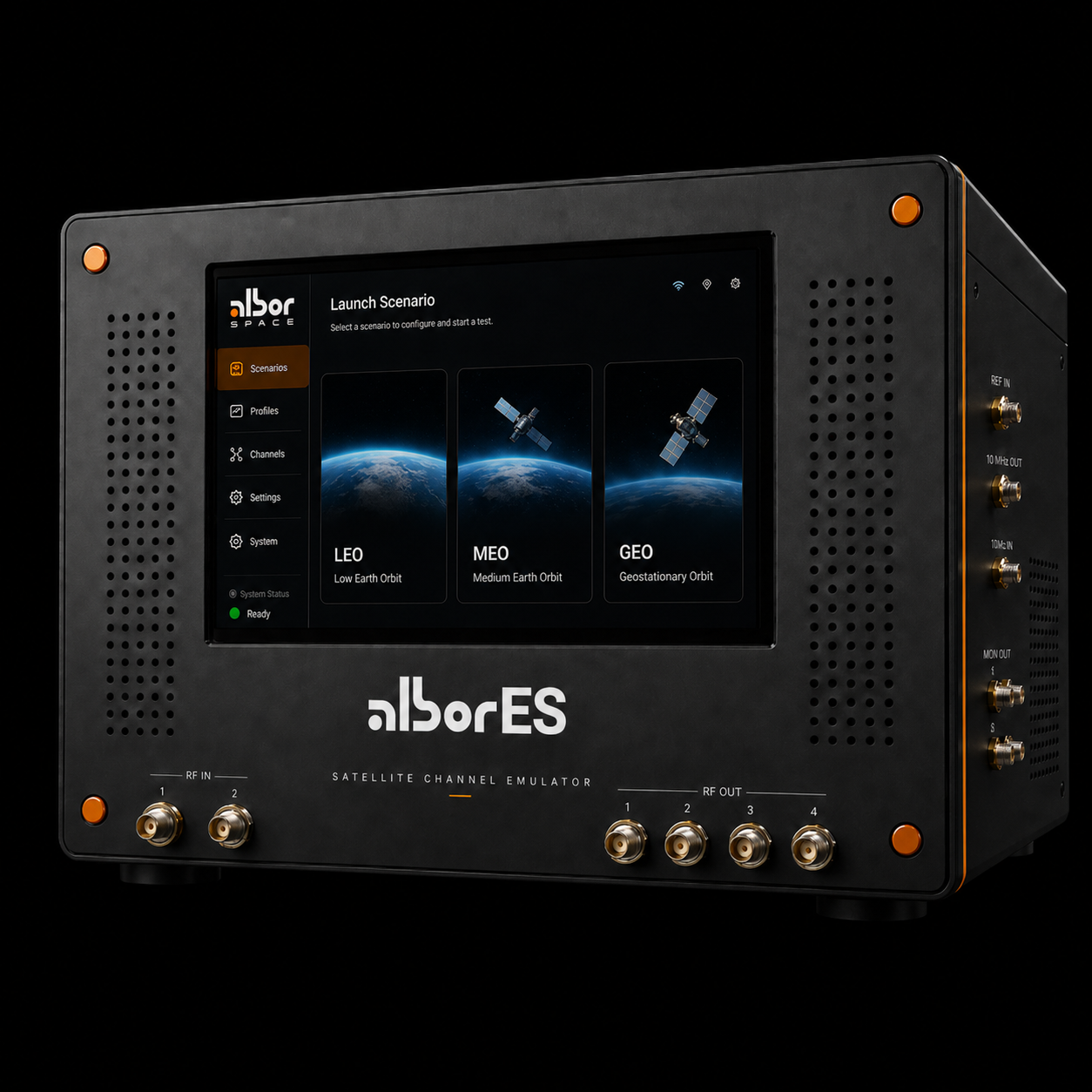 alborES satellite channel emulator, benchtop unit with touchscreen and RF ports